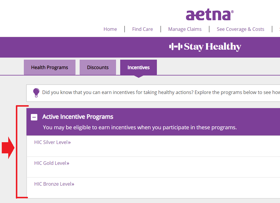 Aetna incentives page