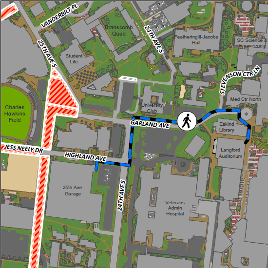 Pedestrian map from 25th Avenue Garage to Langford Auditorium